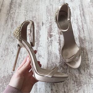 Burberry Champagne Gold Satin Embellished Ankle Strap Stiletto Heel 37 = US 7